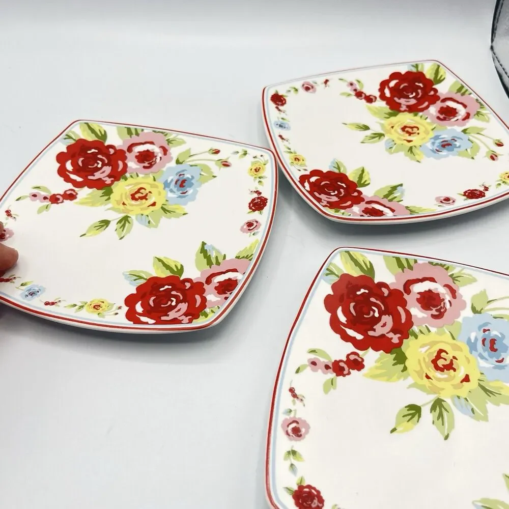 Shabby Chic Roses Small 6” Plates Square Appetizer Set of 3 Country Cottage